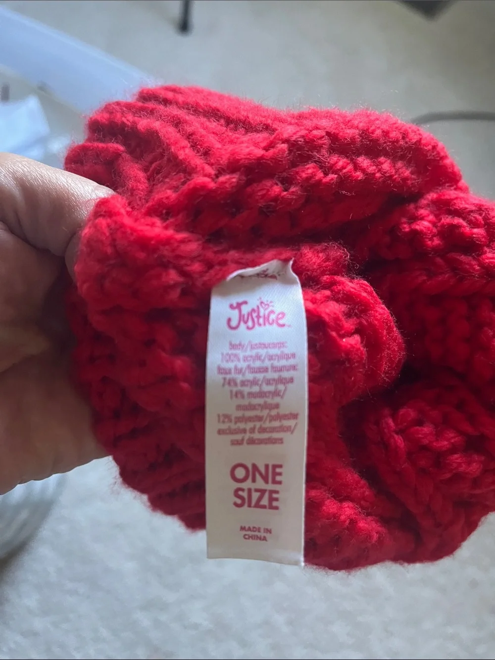 Justice Red Knit Beanie with Faux-Fur Pom and Gold Ear Accents
